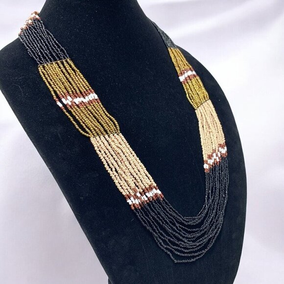 Multi Strand Seed Bead Necklace Earth Tones Gold Ivory Rust Slate 29"L + 1" - Picture 3 of 5